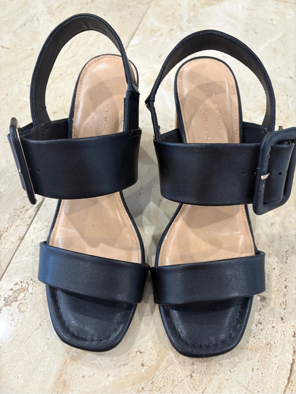 LC Lauren Conrad Black Wide Strap Slingback Block Heel Sandals